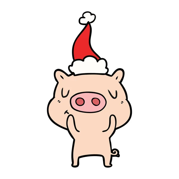 Linienzeichnung eines zufriedenen Schweins mit Weihnachtsmütze — Stockvektor