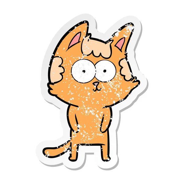 Verontruste Sticker Van Een Happy Cartoon Kat — Stockvector