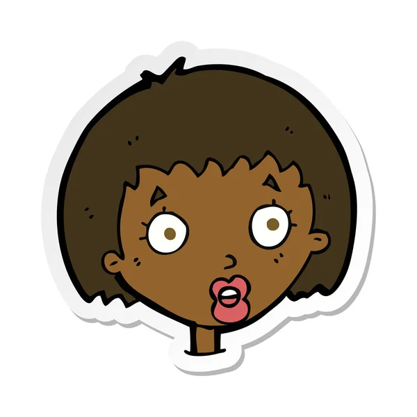Sticker of a cartoon surprised female face — Stock Vector