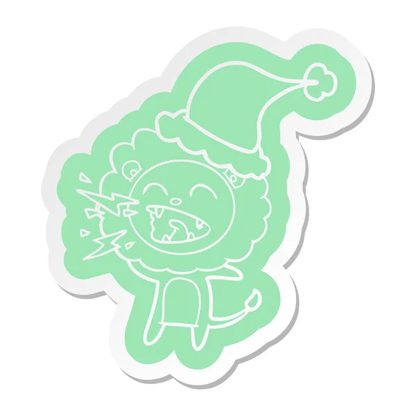 Etiqueta dos desenhos animados de um leão rugindo usando chapéu de santa —  Vetores de Stock