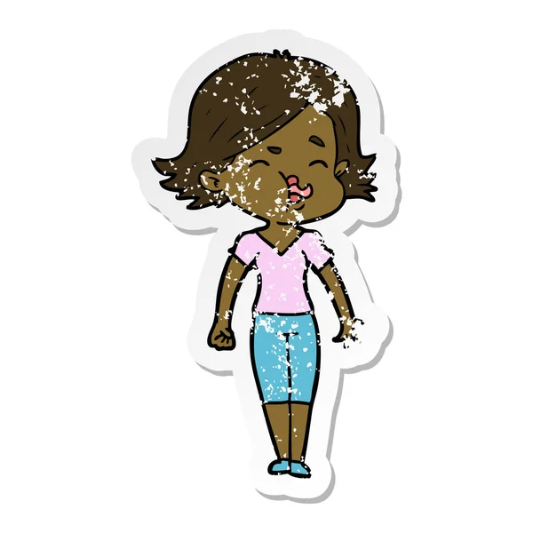 Distressed Sticker Cartoon Girl Pulling Face — Stock Vector