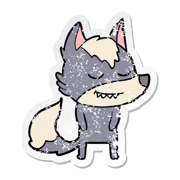 Verontruste sticker van een vriendelijke cartoon wolf — Stockvector