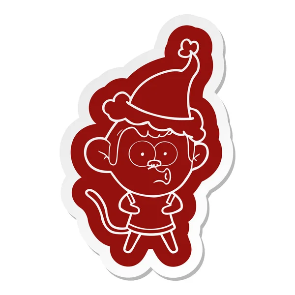 Cartoon-Aufkleber eines überraschten Affen mit Weihnachtsmütze — Stockvektor