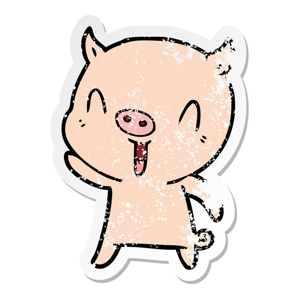 Nödställda klistermärke av en lycklig tecknad gris — Stock vektor