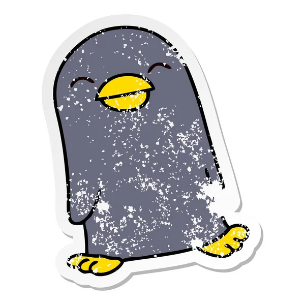 Pegatina angustiada de un peculiar pingüino dibujado a mano de dibujos animados — Vector de stock