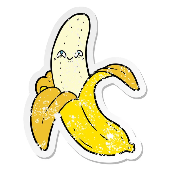 Verontruste sticker van een cartoon gek gelukkig banaan — Stockvector