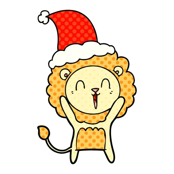 Handgezeichnete Illustration Eines Lachenden Löwen Comic Stil Mit Weihnachtsmütze — Stockvektor