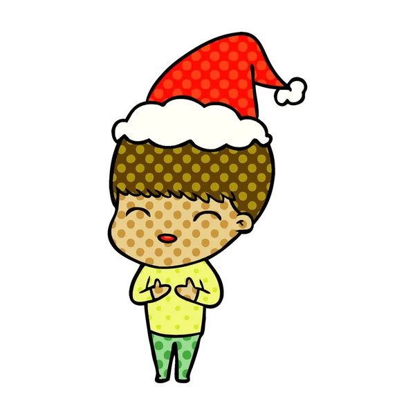 Glückliche Handgezeichnete Illustration Eines Jungen Mit Weihnachtsmütze Comic Stil — Stockvektor