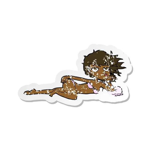 Retro distressed sticker of a cartoon woman posing in underwear — Stock Vector