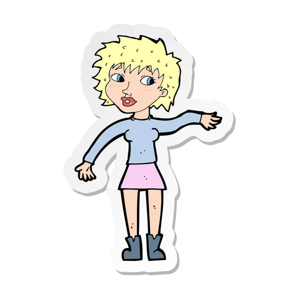 Sticker of a cartoon friendly woman waving — Stock Vector