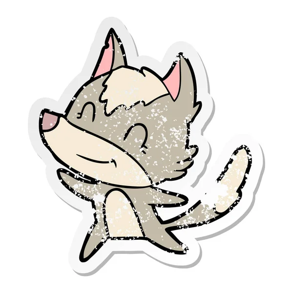 Verontruste Sticker Van Een Vriendelijke Cartoon Wolf — Stockvector