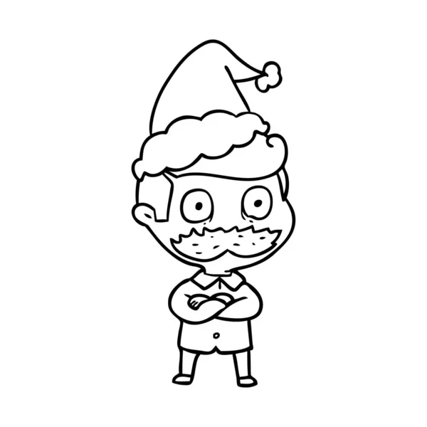 Linea disegno di un uomo con i baffi scioccato indossa cappello di Babbo Natale — Vettoriale Stock