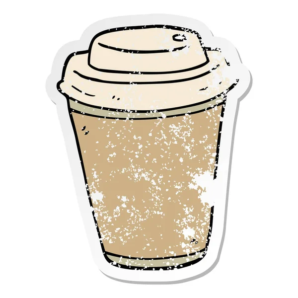 Nödställda klistermärke cartoon avhämtning kaffe kopp — Stock vektor