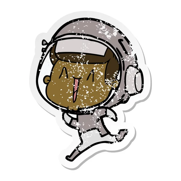 Verontruste sticker van een happy cartoon-astronaut — Stockvector