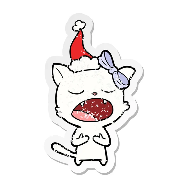 Handritad Nödställda Klistermärke Cartoon Katt Meowing Bär Santa Hatt — Stock vektor
