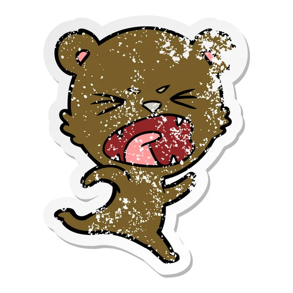 Distressed Sticker Angry Cartoon Bear — Stock Vector