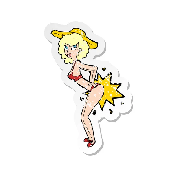 Retro Angustiado Pegatina Bikini Dibujos Animados Pin Mujer — Vector de stock