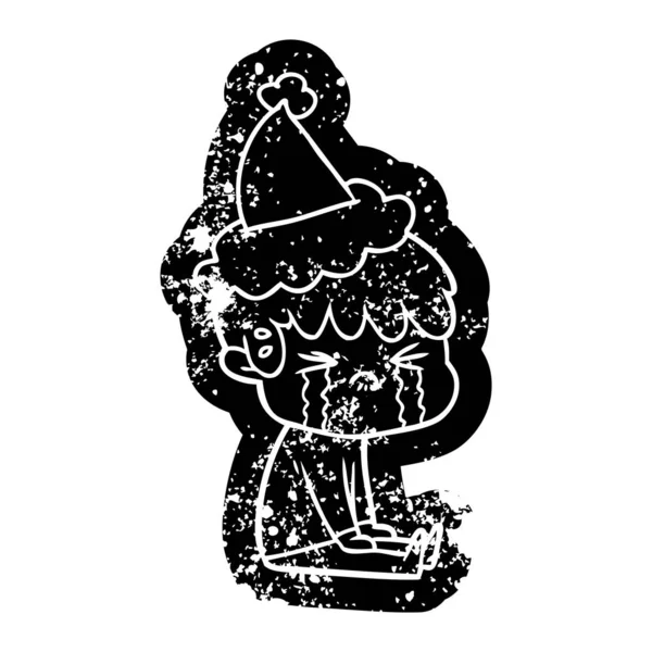 Dibujo animado icono angustiado de un niño llorando con sombrero de santa — Vector de stock