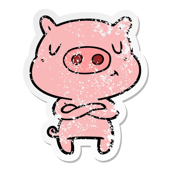 Verontruste sticker van een cartoon inhoud varken — Stockvector