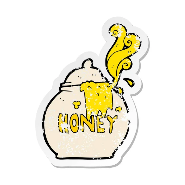 Pegatina retro angustiado de una olla de miel de dibujos animados — Vector de stock