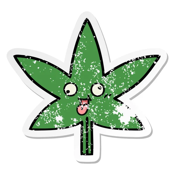 Distressed sticker of a cute cartoon marijuana leaf — Stock Vector