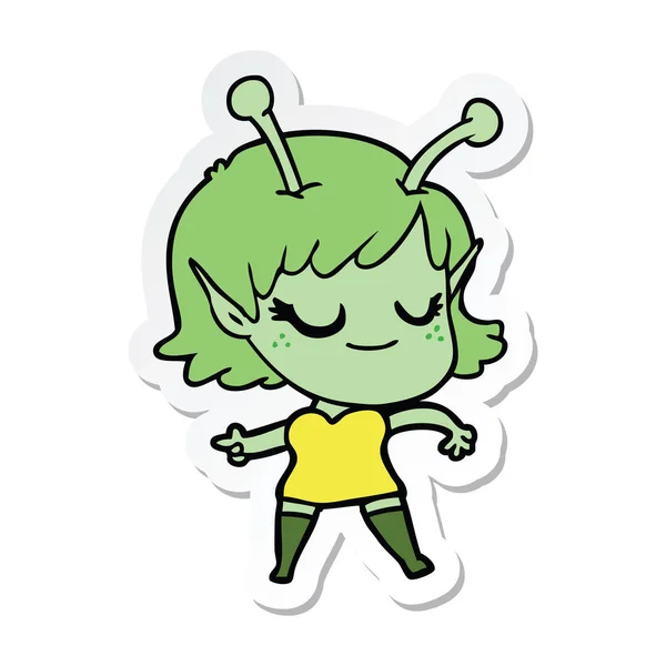 一个微笑的外星女孩动画片的贴纸 — 图库矢量图片