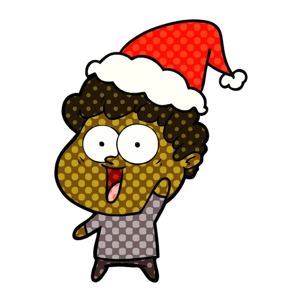 BD illustration de style de bande dessinée d'un homme heureux portant un chapeau de Père Noël — Image vectorielle