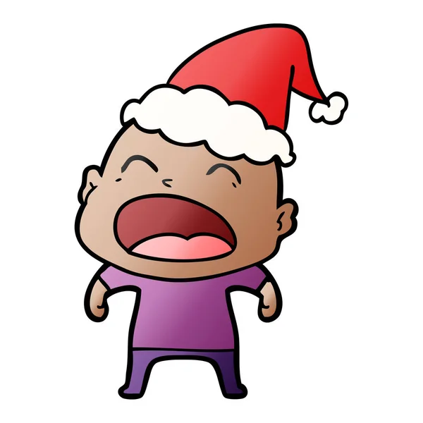 Desenho animado gradiente de um homem careca gritando usando chapéu de Papai Noel — Vetor de Stock