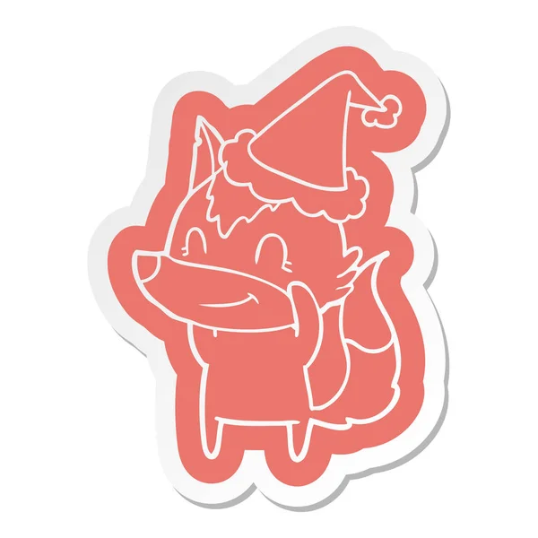 Autocollant de dessin animé sympathique d'un loup portant un chapeau de Père Noël — Image vectorielle