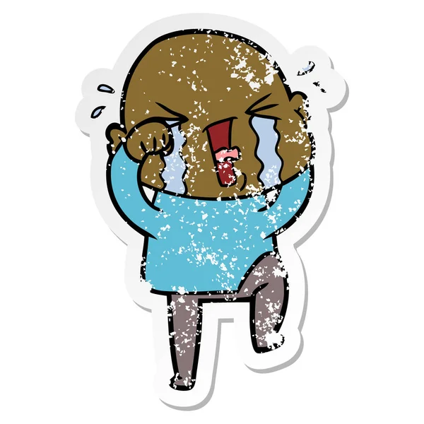 Kel adam ağlıyor bir karikatür sıkıntılı etiket — Stok Vektör