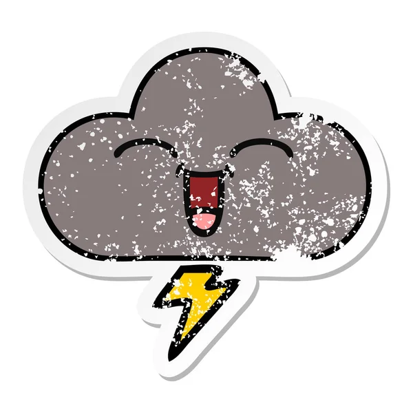 Verontruste sticker van een onweerswolk cute cartoon — Stockvector