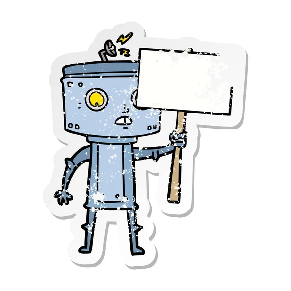 Distressed sticker of a cartoon robot with blank sign — Stock Vector