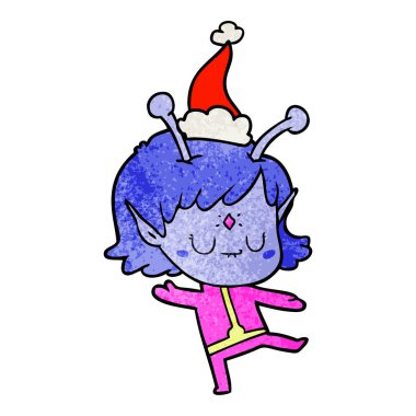 Noel Baba şapkası giyen bir uzaylı kızın dokulu çizgi film el çekilmiş