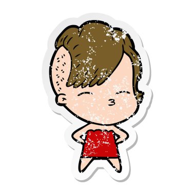 elbiseli kız şaşı bir karikatür sıkıntılı etiket