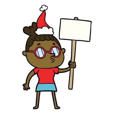 Noel Baba şapkası giyen gözlük takan bir kadının el çizilen çizgi çizme