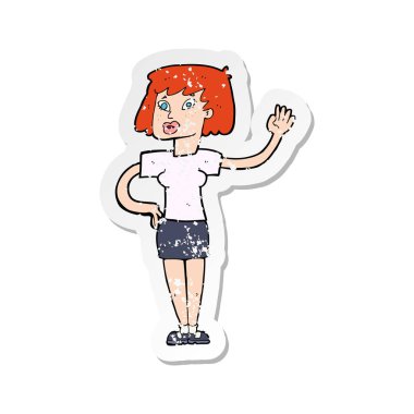 Retro sıkıntılı etiket sallayarak bir karikatür kadının