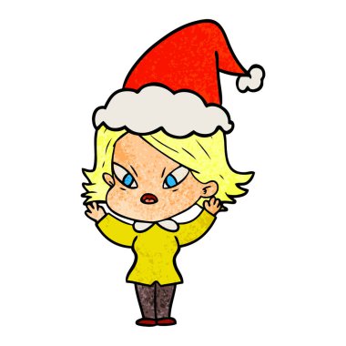 Noel Baba şapkası giyen stresli bir kadının dokulu çizgi film