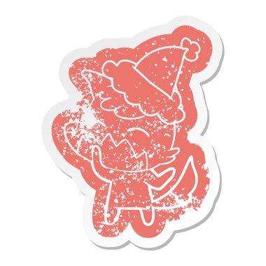 Noel Baba şapkası giyen tilki çizgi film sıkıntılı etiket