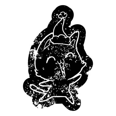 Noel Baba şapkası giyen bir kedi mutlu karikatür sıkıntılı simgesi