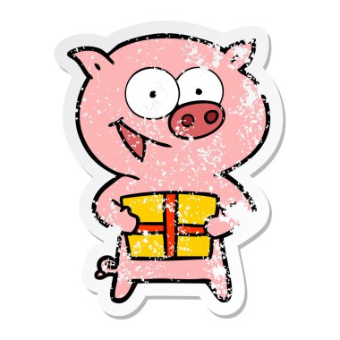 Noel hediye ile neşeli domuz bir sıkıntılı etiket