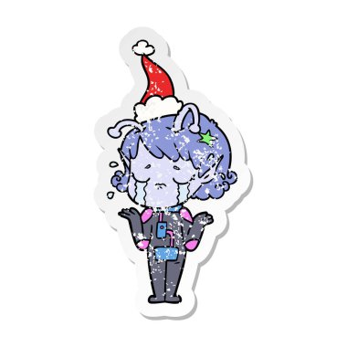 santa giyen ağlayan bir uzaylı kızın sıkıntılı etiket çizgi film 