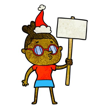 elle çizilmiş karikatür Noel Baba şapkası giyen gözlük takan bir kadının dokulu