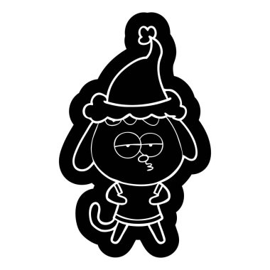 Noel Baba şapkası giyen sıkılmış bir köpek çizgi film simgesi