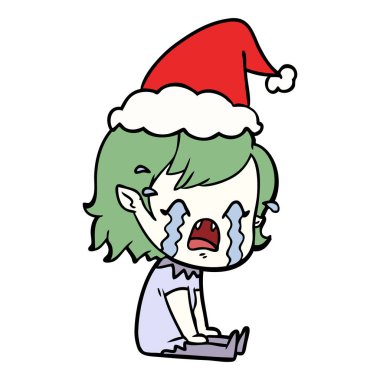 çizim için Noel Baba şapkası giyen ağlayan bir vampir kız el çekilmiş