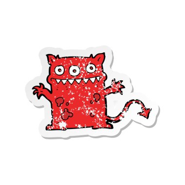 Retro sıkıntılı etiket bir karikatür küçük canavar