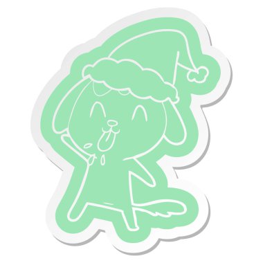 Noel Baba şapkası giyen bir köpek sevimli ilginç çizgi etiket