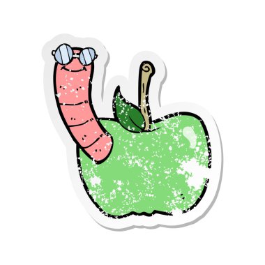 bir çizgi film Apple ile solucan Retro sıkıntılı etiket