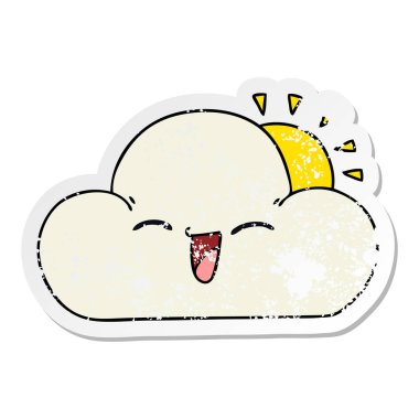 ilginç bir el sıkıntılı etiket çizilmiş karikatür güneş ve mutlu bulut