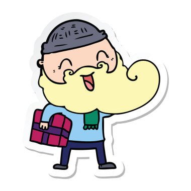 mutlu bir sakallı adamın Noel hediyesi tutan etiket