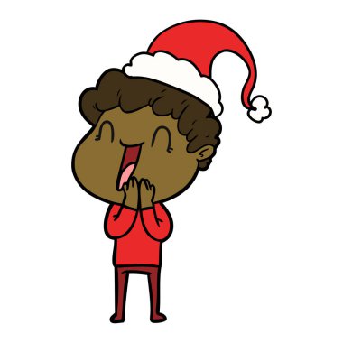 çizim için Noel Baba şapkası giyen mutlu bir adamın el çekilmiş